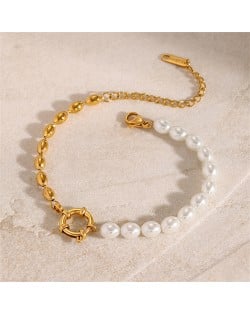 French Style High Quality Titanium Steel Wholesale Jewelry Pearl and Beads Combo Women Stainless Steel Bracelet