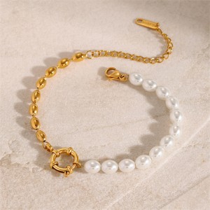 French Style High Quality Titanium Steel Wholesale Jewelry Pearl and Beads Combo Women Stainless Steel Bracelet