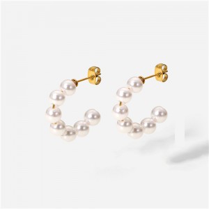 Titanium Steel Jewelry Wholesale Simple Pearl C Shape Design Women Stainless Steel Earrings
