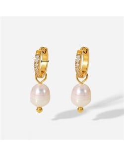 Titanium Steel Jewelry Wholesale Women Cubic Zirconia Pearl Dangle Stainless Steel Earrings