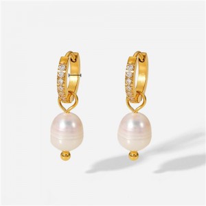 Titanium Steel Jewelry Wholesale Women Cubic Zirconia Pearl Dangle Stainless Steel Earrings