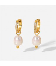 Titanium Steel Jewelry Wholesale Women Cubic Zirconia Pearl Dangle Stainless Steel Earrings