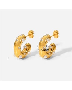 Titanium Steel Jewelry Wholesale Pearl and Cubic Zirconia Inlaid C Shape Stainless Steel Earrings