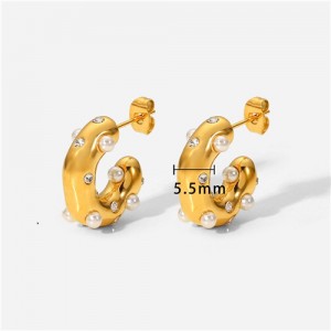 Titanium Steel Jewelry Wholesale Pearl and Cubic Zirconia Inlaid C Shape Stainless Steel Earrings
