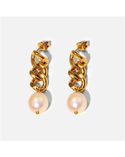 Titanium Steel Jewelry Wholesale Pearl and Cubic Zirconia Inlaid C Shape Stainless Steel Earrings