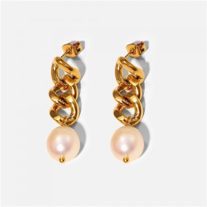 Titanium Steel Jewelry Wholesale Thick Chain Design Pearl Pendant Stainless Steel Earrings