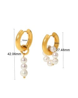 Titanium Steel Wholesale Jewelry Pearl Circle and Dangle Asymmetrical Design Stainless Steel Earrings
