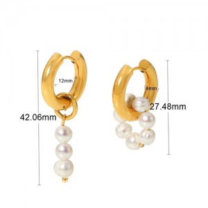 Titanium Steel Wholesale Jewelry Pearl Circle and Dangle Asymmetrical Design Stainless Steel Earrings