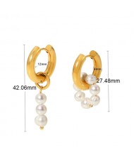 Titanium Steel Wholesale Jewelry Pearl Circle and Dangle Asymmetrical Design Stainless Steel Earrings
