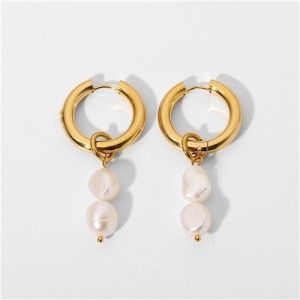 Titanium Steel Wholesale Jewelry Irregular Pearl Pendant Women Stainless Steel Hook Earrings