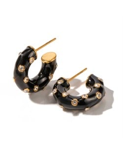 High Quality Titanium Steel Jewelry Wholesale Black Oil-spot Glaze C Shape Women Stainless Steel Earrings