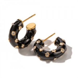 High Quality Titanium Steel Jewelry Wholesale Black Oil-spot Glaze C Shape Women Stainless Steel Earrings