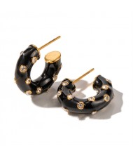 High Quality Titanium Steel Jewelry Wholesale Black Oil-spot Glaze C Shape Women Stainless Steel Earrings