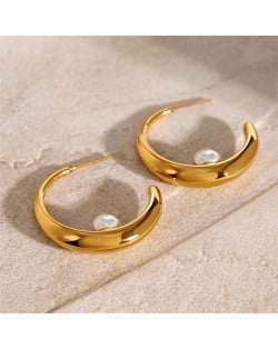 High Quality Titanium Steel Wholesale Fashion Jewelry Pearl Decor Moon Shape Women Stainless Steel Earrings