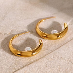 High Quality Titanium Steel Wholesale Fashion Jewelry Pearl Decor Moon Shape Women Stainless Steel Earrings