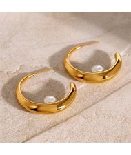 High Quality Titanium Steel Wholesale Fashion Jewelry Pearl Decor Moon Shape Women Stainless Steel Earrings
