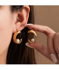 High Quality Titanium Steel Wholesale Fashion Jewelry Pearl Decor Moon Shape Women Stainless Steel Earrings