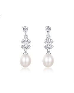 Fine Jewelry Flower Cubic Zirconia with Fresh Water Pearl Pendant Wholesale Women 925 Sterling Silver Earrings