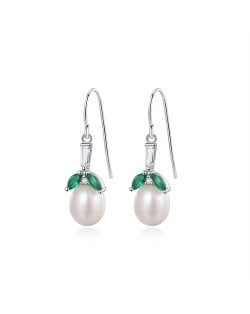Fine Jewelry Green Leaves Retro Style Fresh Water Pearl Pendant Wholesale Women 925 Sterling Silver Earrings