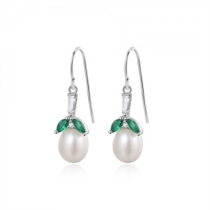 Fine Jewelry Green Leaves Retro Style Fresh Water Pearl Pendant Wholesale Women 925 Sterling Silver Earrings