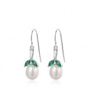 Fine Jewelry Green Leaves Retro Style Fresh Water Pearl Pendant Wholesale Women 925 Sterling Silver Earrings