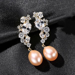 Fine Jewelry Natural Pearl Cubic Zirconia Decor Wholesale Women 925 Sterling Silver Earrings - Pink