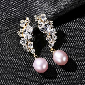 Fine Jewelry Natural Pearl Cubic Zirconia Decor Wholesale Women 925 Sterling Silver Earrings - Purple