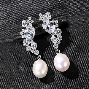 Fine Jewelry Natural Pearl Cubic Zirconia Decor Wholesale Women 925 Sterling Silver Earrings - White