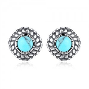 Fine Jewelry Bohemian Style Turquoise with Twist Edge Wholesale Women 925 Sterling Silver Stud Earrings