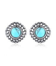 Fine Jewelry Bohemian Style Turquoise with Twist Edge Wholesale Women 925 Sterling Silver Stud Earrings
