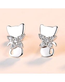 Fine Jewelry French Style Mini Cat Design Wholesale Women 925 Sterling Silver Stud Earrings - Silver
