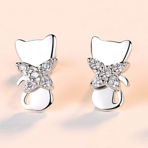 Fine Jewelry French Style Mini Cat Design Wholesale Women 925 Sterling Silver Stud Earrings - Silver
