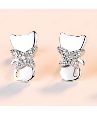 Fine Jewelry French Style Mini Cat Design Wholesale Women 925 Sterling Silver Stud Earrings - Silver