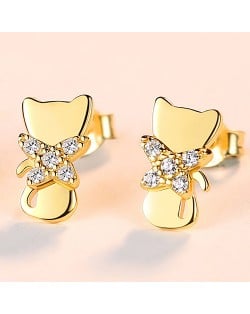Fine Jewelry French Style Mini Cat Design Wholesale Women 925 Sterling Silver Stud Earrings - Golden