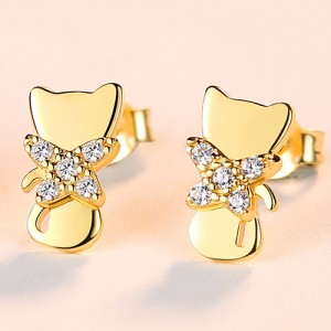 Fine Jewelry French Style Mini Cat Design Wholesale Women 925 Sterling Silver Stud Earrings - Golden