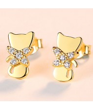 Fine Jewelry French Style Mini Cat Design Wholesale Women 925 Sterling Silver Stud Earrings - Golden