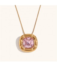 Minimalist Style Square Gem Inlaid 316L Stainless Steel Steel Wholesale Necklace - Pink