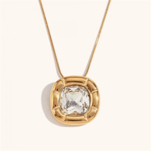 Minimalist Style Square Gem Inlaid 316L Stainless Steel Steel Wholesale Necklace - White
