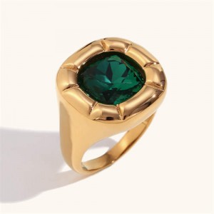 Minimalist Style Square Gem Inlaid 316L Stainless Steel Ring - Green