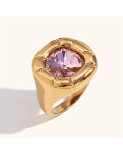 Minimalist Style Square Gem Inlaid 316L Stainless Steel Ring - Pink