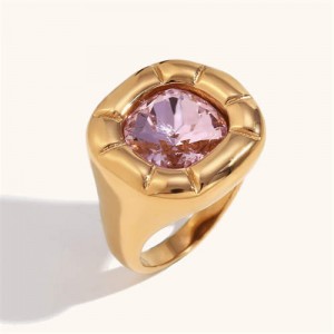 Minimalist Style Square Gem Inlaid 316L Stainless Steel Ring - Pink