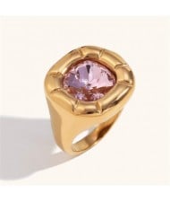 Minimalist Style Square Gem Inlaid 316L Stainless Steel Ring - Pink
