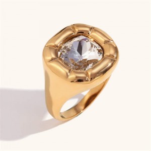 Minimalist Style Square Gem Inlaid 316L Stainless Steel Ring - White