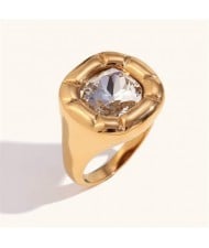 Minimalist Style Square Gem Inlaid 316L Stainless Steel Ring - White