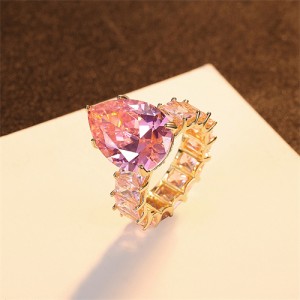 Water Drop Shape Cubic Zirconia Exaggerated Style Fine Jewelry Wholesale Women 925 Sterling Silver Wedding Ring - Pink