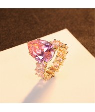Water Drop Shape Cubic Zirconia Exaggerated Style Fine Jewelry Wholesale Women 925 Sterling Silver Wedding Ring - Pink