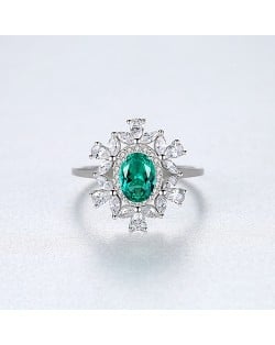 Fine Jewelry Blooming Flower Design Oval Gen Wholesale Women 925 Sterling Silver Ring - Green