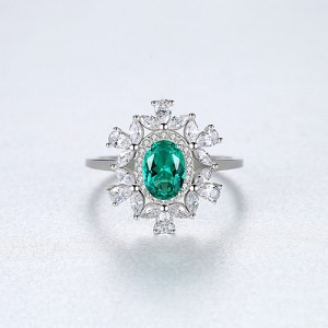 Fine Jewelry Blooming Flower Design Oval Gen Wholesale Women 925 Sterling Silver Ring - Green