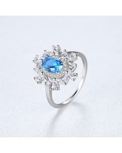 Fine Jewelry Blooming Flower Design Oval Gen Wholesale Women 925 Sterling Silver Ring - Blue
