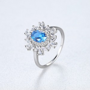 Fine Jewelry Blooming Flower Design Oval Gen Wholesale Women 925 Sterling Silver Ring - Blue